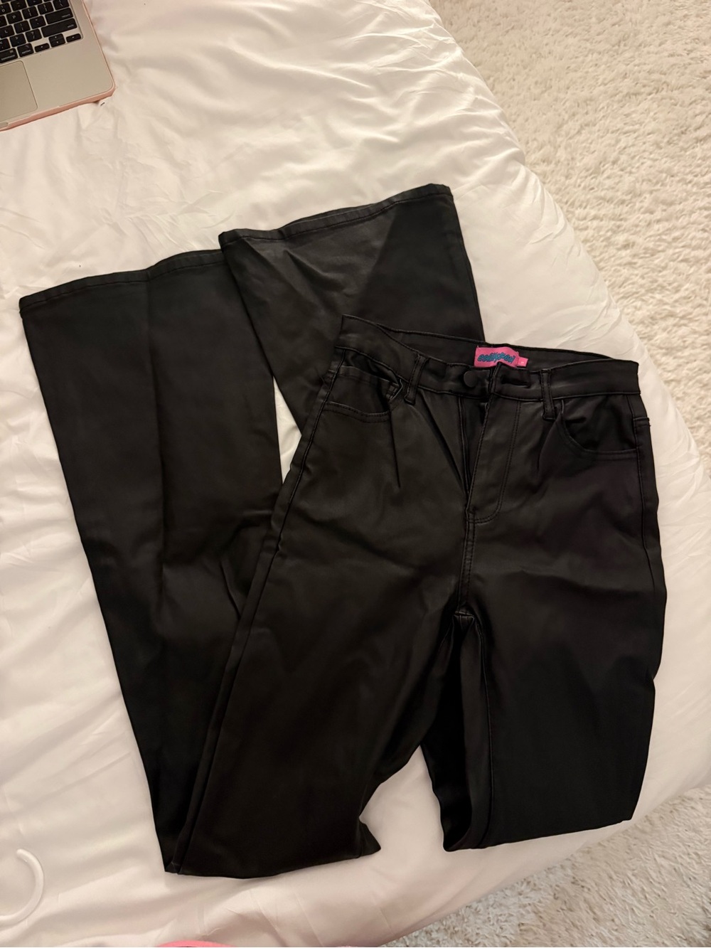 Edikted Black Faux Leather Jeans with Pink Logo Tab
